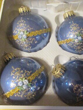 vtg lot of 4 in box Krebs satin ribbon glitter on blue blown glass ornaments